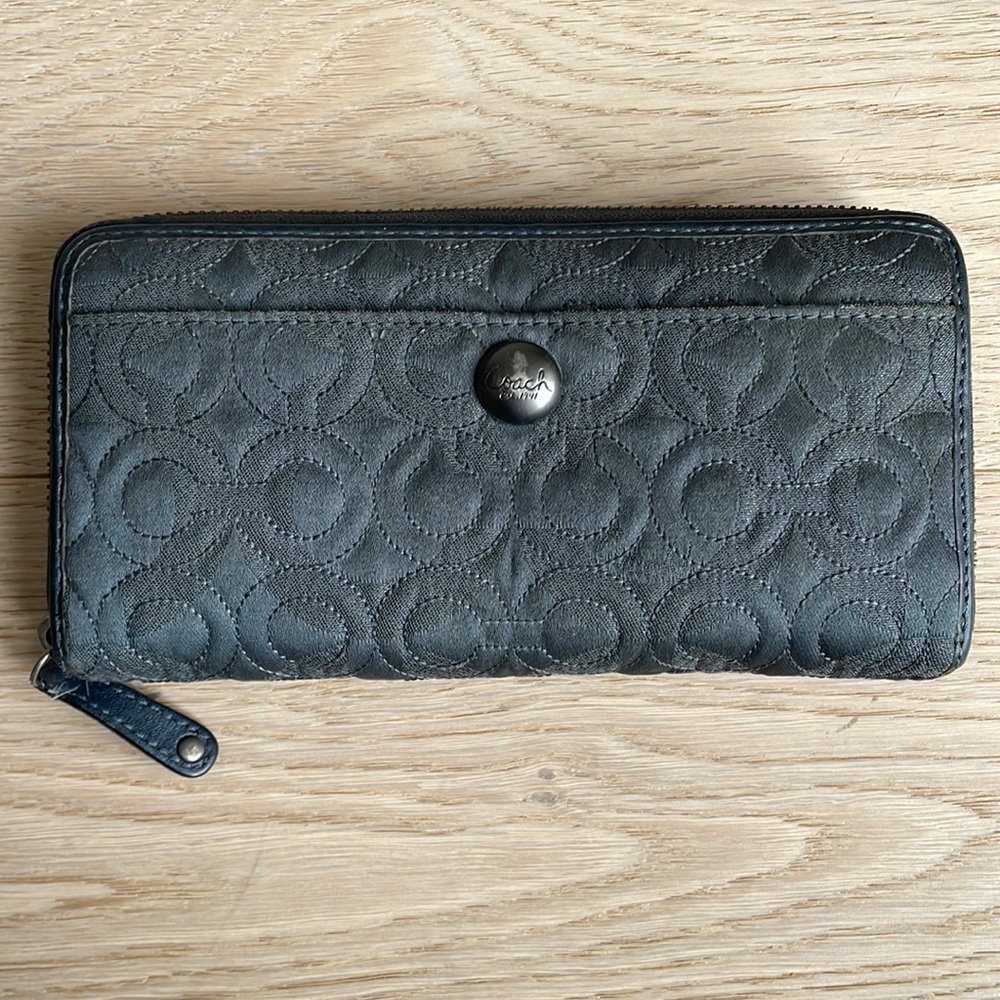 Coach Gunmetal Embroidered Wallet Full Size Ziparound